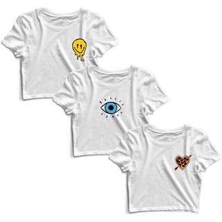 Kit 3 Blusas Feminina Cropped Manga Curta 006