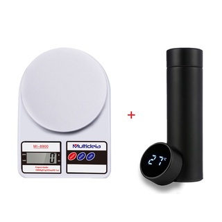 Kit Balança Cozinha Branco + Garrafa Térmica 500ml com Visor de Temperatura