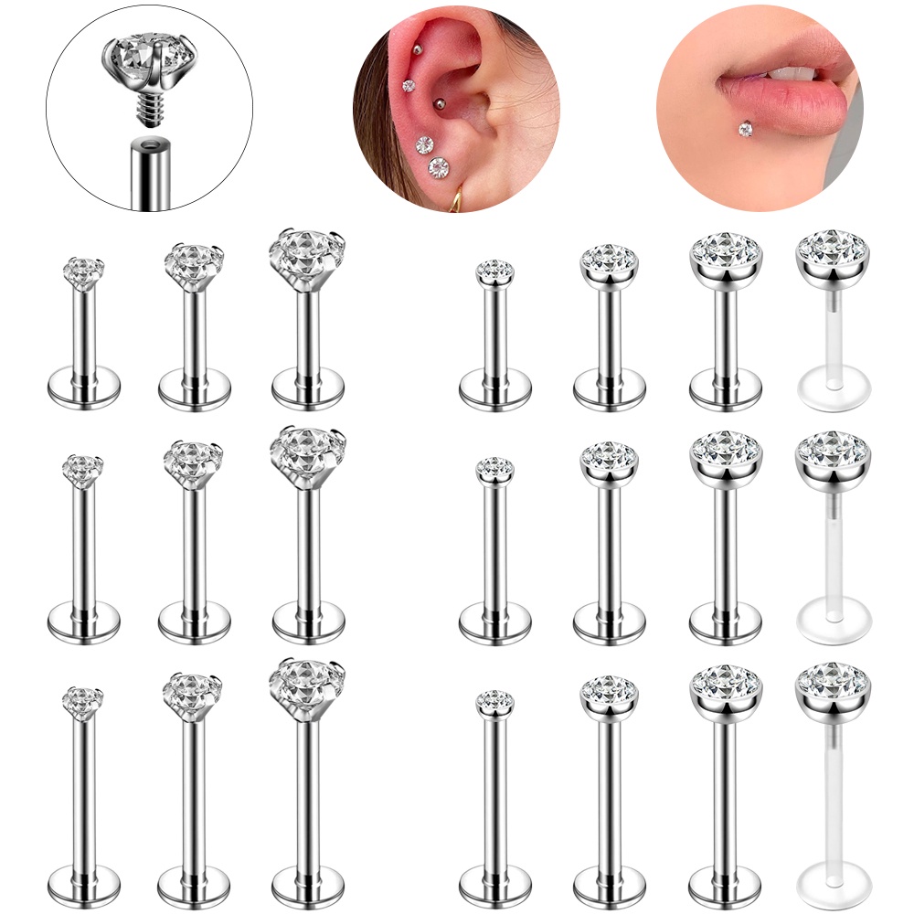1 Pc Pino Labial De Aço Inoxidável Brilhante Cristal Labret Piercing Brincos Redondos De Zircônio De Cartilagem Helix Tragus Piercings