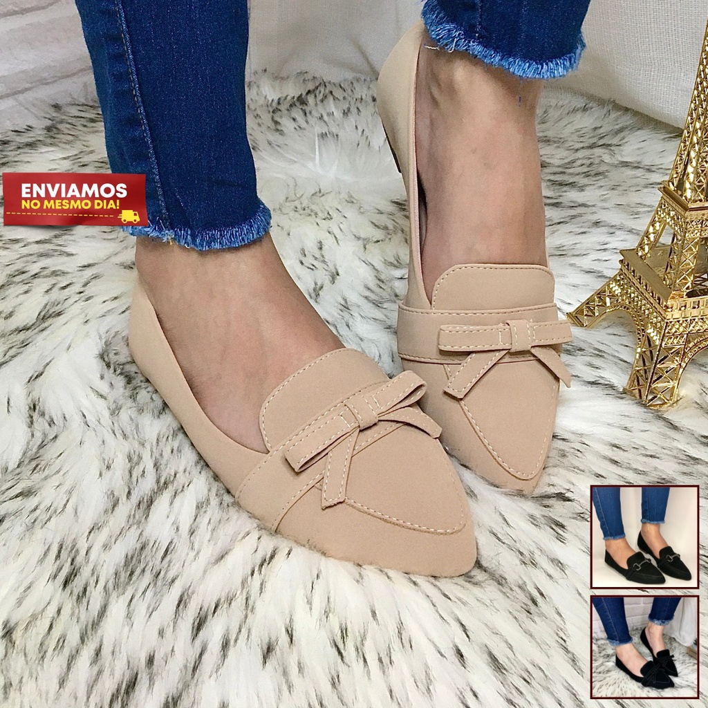 Sapatilha Feminina Sandália Casual Rasteirinha Mocassim Bico Fino Preto Molec Sapato Feminino Moda Social Confortável