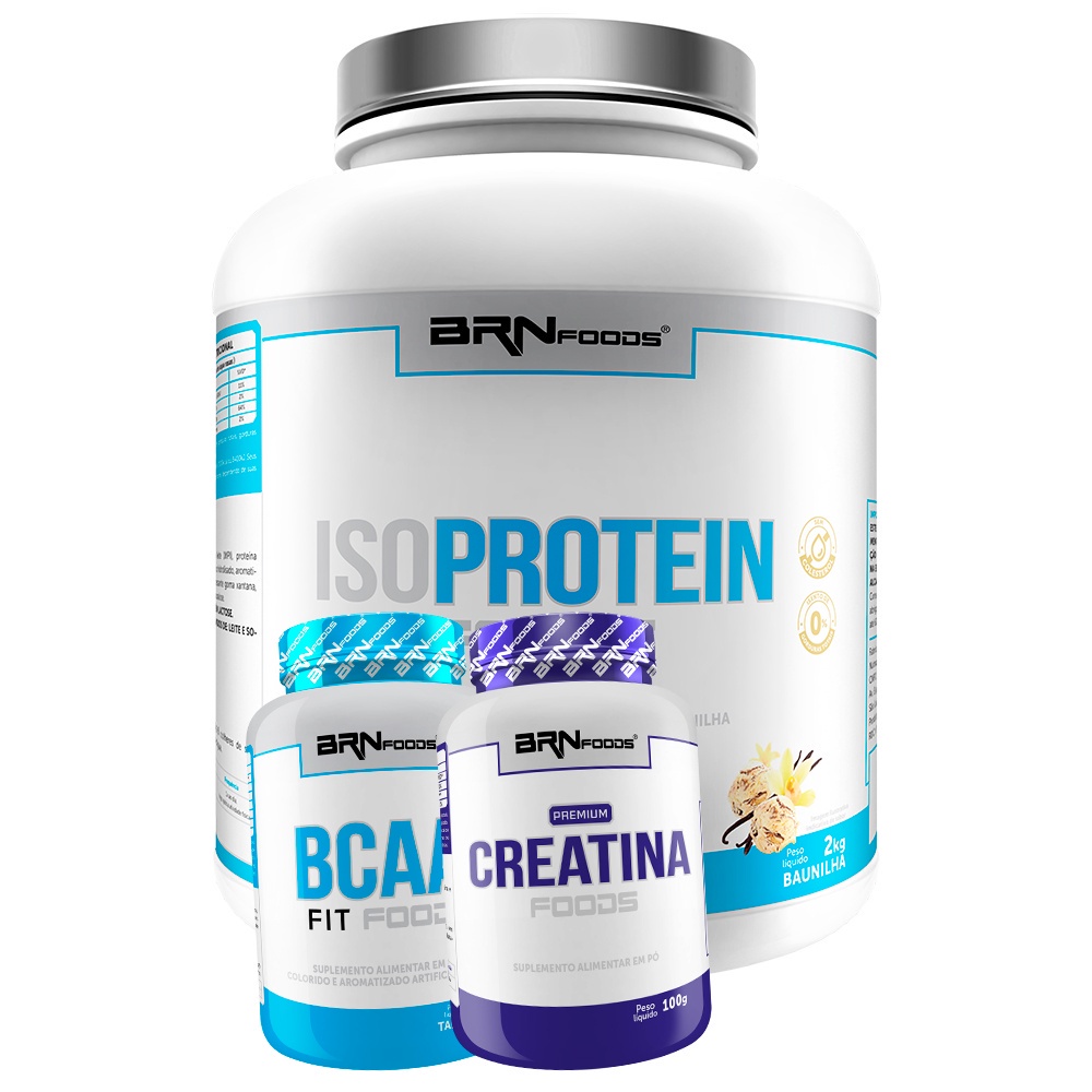 Kit Whey Protein Iso Protein Foods 2kg + Premium Creatina 100g + BCAA 120 Cáps – BRN FOODS Kit para aumento de massa muscular e força