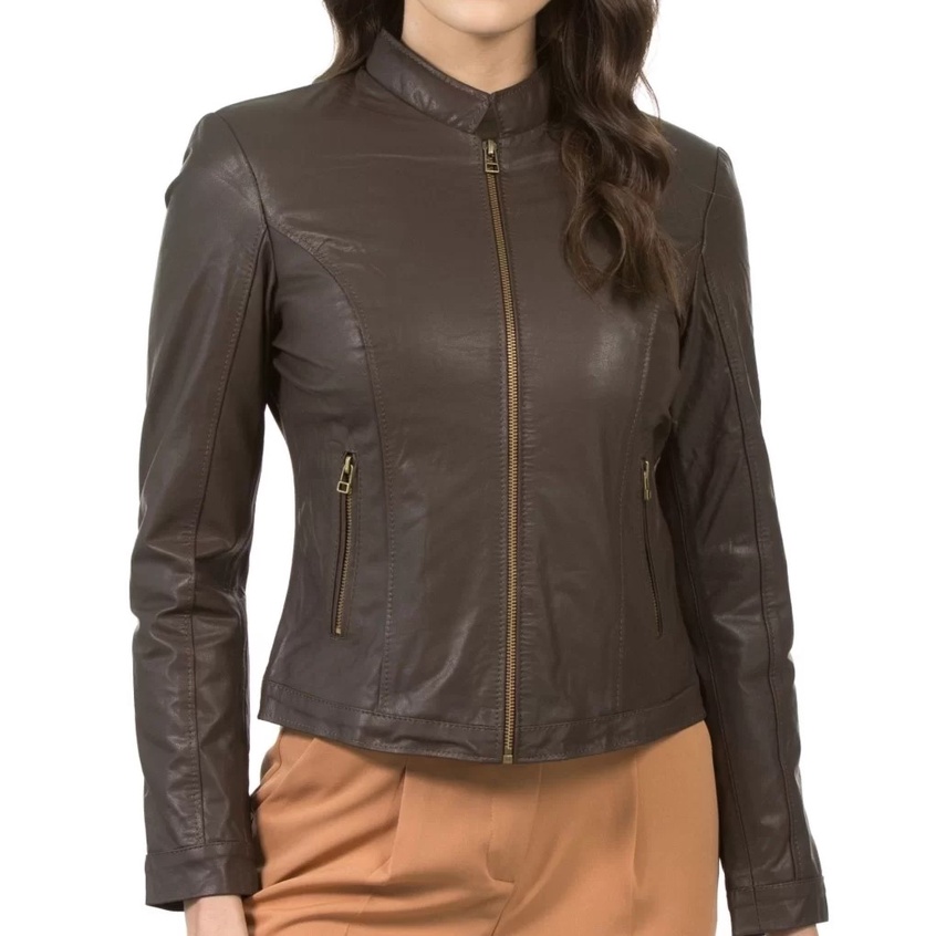 Couro Marrom Café Blazer De Couro Legitimo Feminino Sale Jaqueta