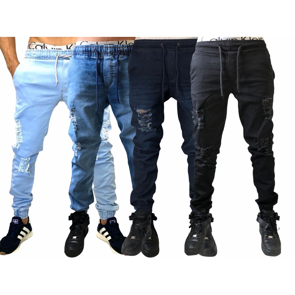 Calça Jogger em Jeans Destroyed Preto