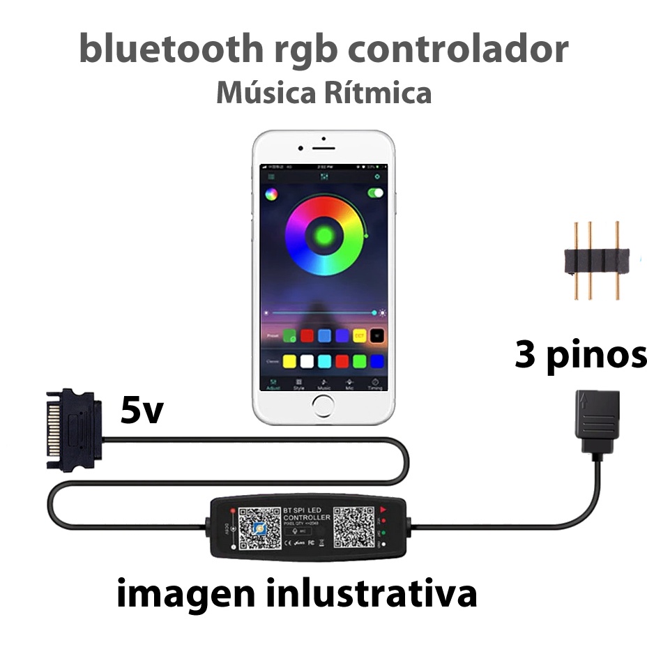 Controladora Bluetooth Argb 3 Pinos 5v Sata + De 100 Efeitos