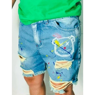 Bermuda Jeans curta Masculino 100% algodão GringBear Slim Fit Original Azul
