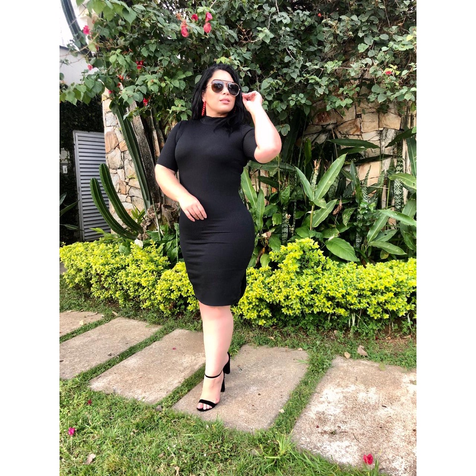Vestido Canelado Midi Plus Size Gola Alta Manga Curta Shopee Brasil