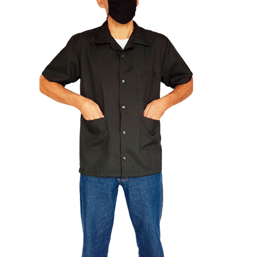 Jaleco masculino Oxford preto 175 gramas tecido mais encorpado não transparente Três Bolsos - para Balconista Indústria e Comercio