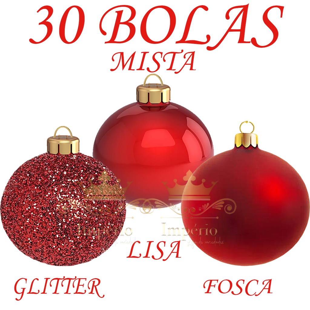 KIT 30 Bolas De Natal N4 Mista Vermelha Lisa Fosca Glitter Enfeite De Arvore 30 Unidades N3 - Promoção