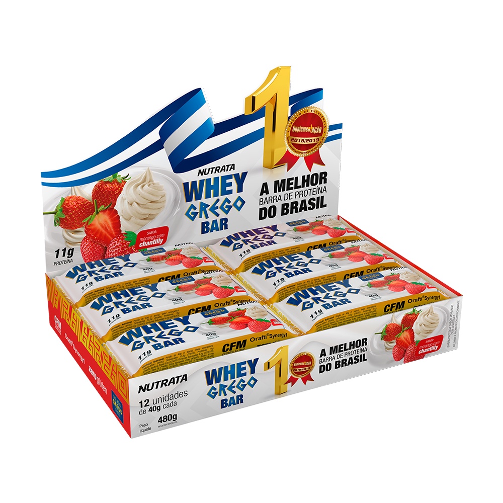 Whey Grego Bar sabor morango com chantilly – 40 gr display com 12 barras Nutrata