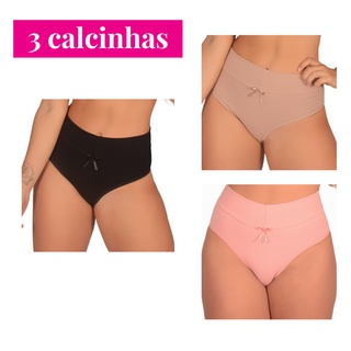 Kit com 3 Calcinha de Algodão com Cós Duplo Alto Pós Parto Cintura Alta Calsinha Lingerie Feminina Maternidade Calçola Senhora Confortável Feminino Grávida Gestante Roupa Íntima Reduz Barriga Básica Lisa