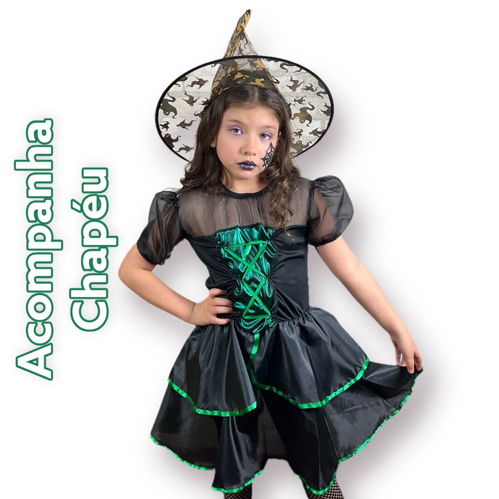 Fantasia Halloween Feminina Vestido De Bruxa Midi C/ Chapéu - H2