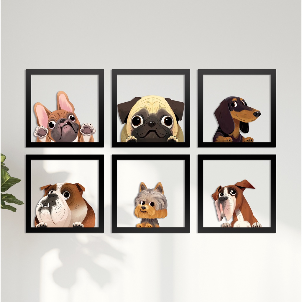 6 Quadros Cachorros Fofinhos Dog Pet 15 cm Cada em Relevo Decoração