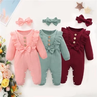 Macacão De Algodão Para Recém-Nascido Menino Menina Cor Lisa Roupas Infantis 2Pcs Outfits