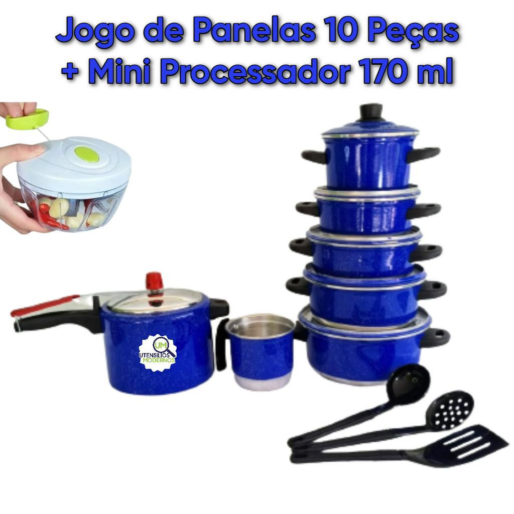 Jogo de Panelas Alumínio 5 Peças + Fervedor + Panela de Pressão + Espátulas + Mini Processador 170 ml