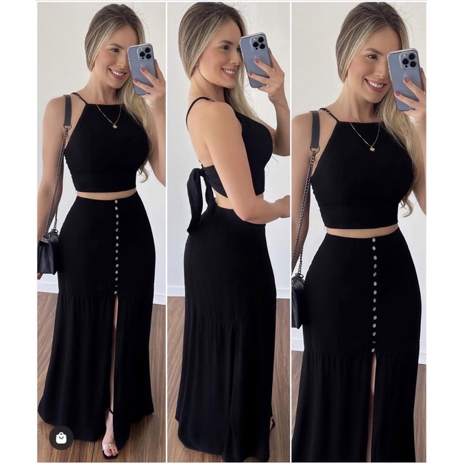 Conjunto Saia Saia Longa Rasgada Conjunto Cropped E Saia Longa