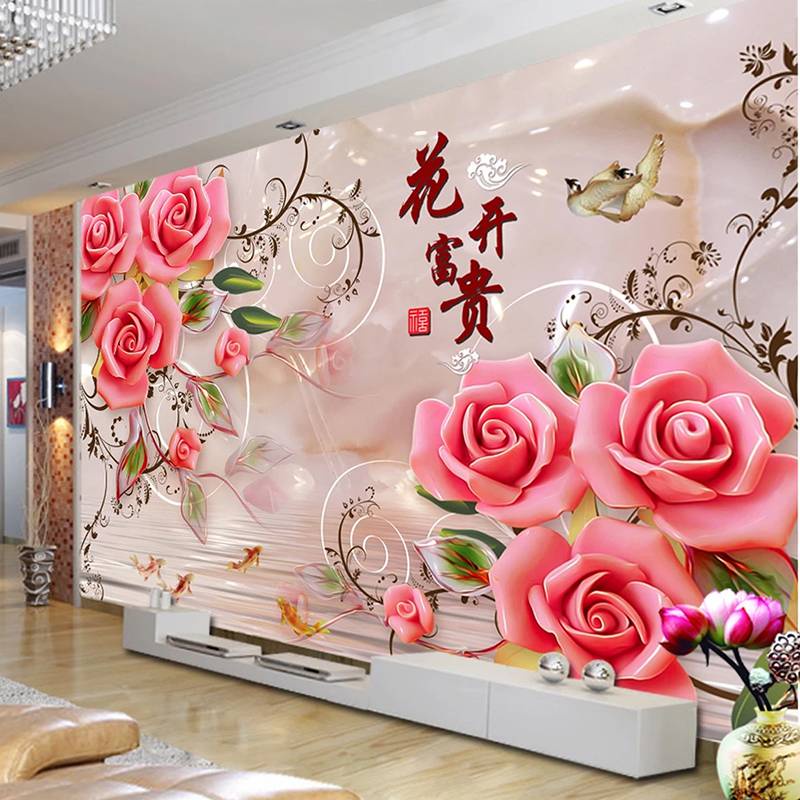 Personalizado 3d Papel De Parede Clássico Flores Rosa Jade Escultura Foto Mural Da Parede Sala De Estar Sofá Tv Home Decor Fundo Pintura De Parede