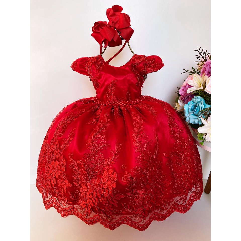 Vestido infantil vestido de princesa para meninas vestido de bolo bufante  com nó de laço de contas grande festa infantil (vermelho, 7-8 anos)