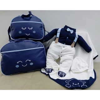 Kit Saída Maternidade Menino Suspensorio Azul Begê + Kit Bolsa Maternidade 2 Peças