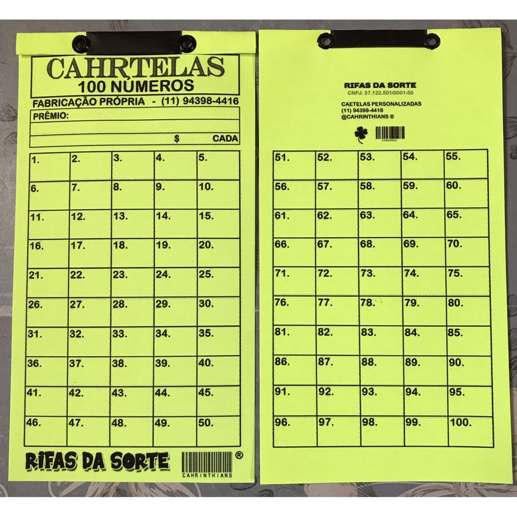 Papel Rifa 100 Numeros Cartela de rifa 100 números pct c/ 10 unidades | Shopee Brasil