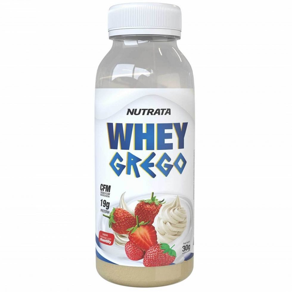 Whey Grego Garrafa (30g) - Sabor: Morango com Chantilly