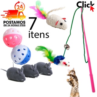 Brinquedo para Gato 7 peças Interativo Bola Guizo Varinha Pet Ratinho Sonoro Kit Interativo para Gatos