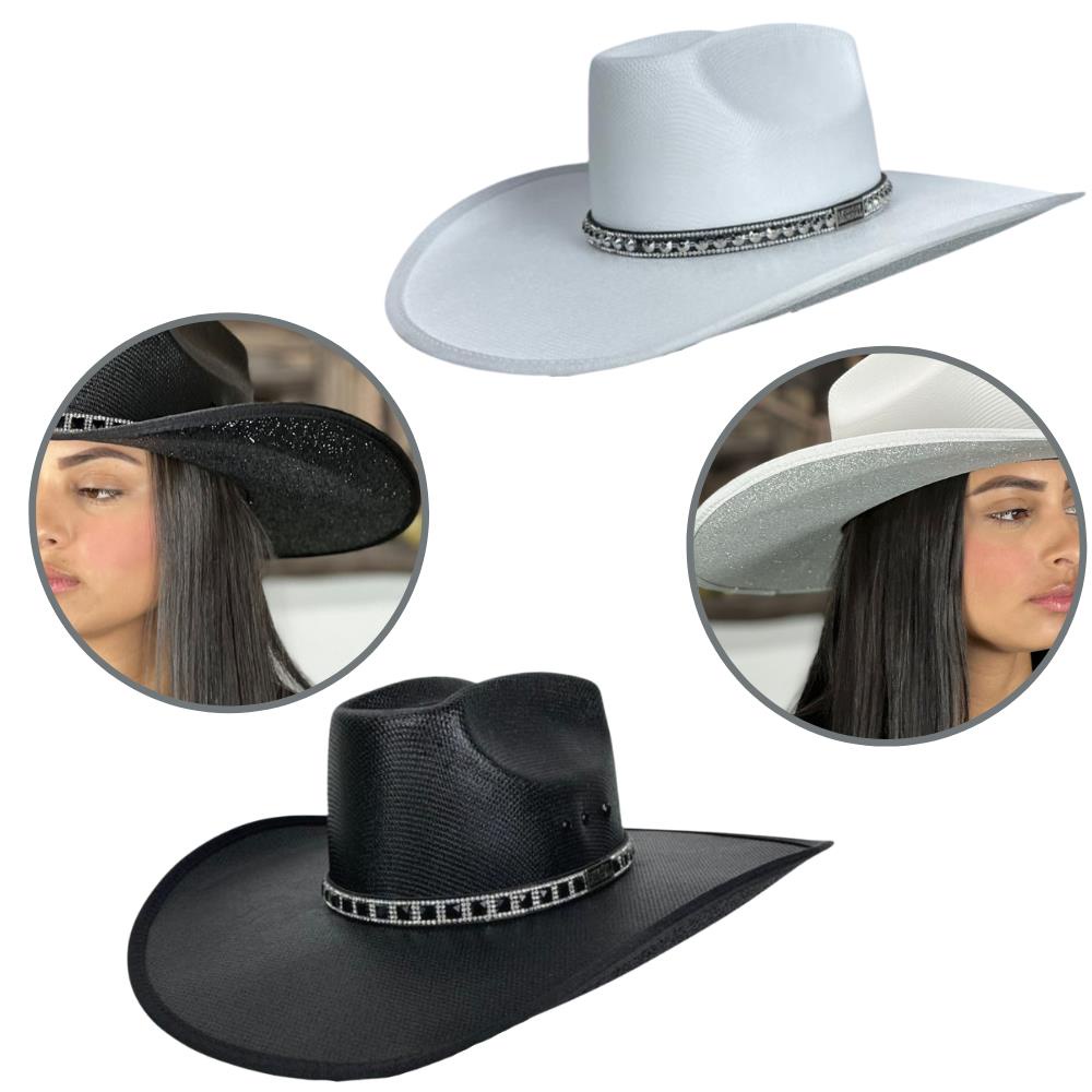 Chapéu Country Mundial Feminino com Strass na Aba Largura 12 cm Preto e ...