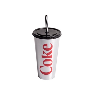Copo Refrigerante de Plástico 700 ml com Tampa e Canudo Coca Cola - Preto/Prata