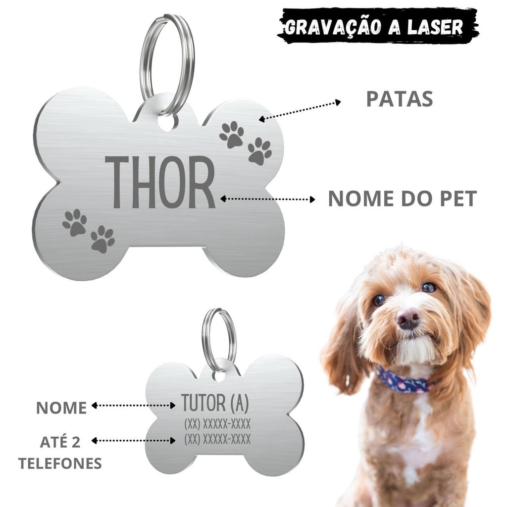 Plaquinha de identificação Pet Placa Pingente Personalizada para Cachorro Gato