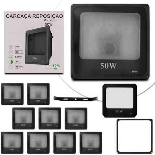 Kit 10 Carcaça Refletor LED Holofote 50W SMD Bivolt IP66 Resistente Água Fachada Reposição Preto