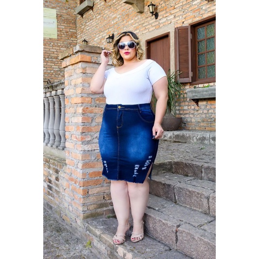 Mini Saia Jeans Plus Size Destroyed Tendência Verão Moda Gringa