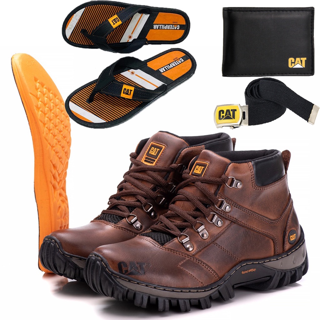 Kit Bota Caterpillar Masculina Em Couro Cinto Chinelo Caterpillar de  Dedo Carteira Macio Confortável Envio Imediato