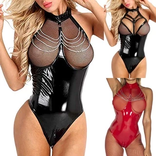 Traje De Banho Feminino Patenteado De Couro Lingerie Malha Oca Com Zíper Virilha Brilhante Teddy One Piece Macacão De Metal Clubwear De Biquíni