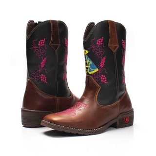 Bota Texana Country Infantil Nossa Senhora de Couro Cano Longo Bico Quadrado
