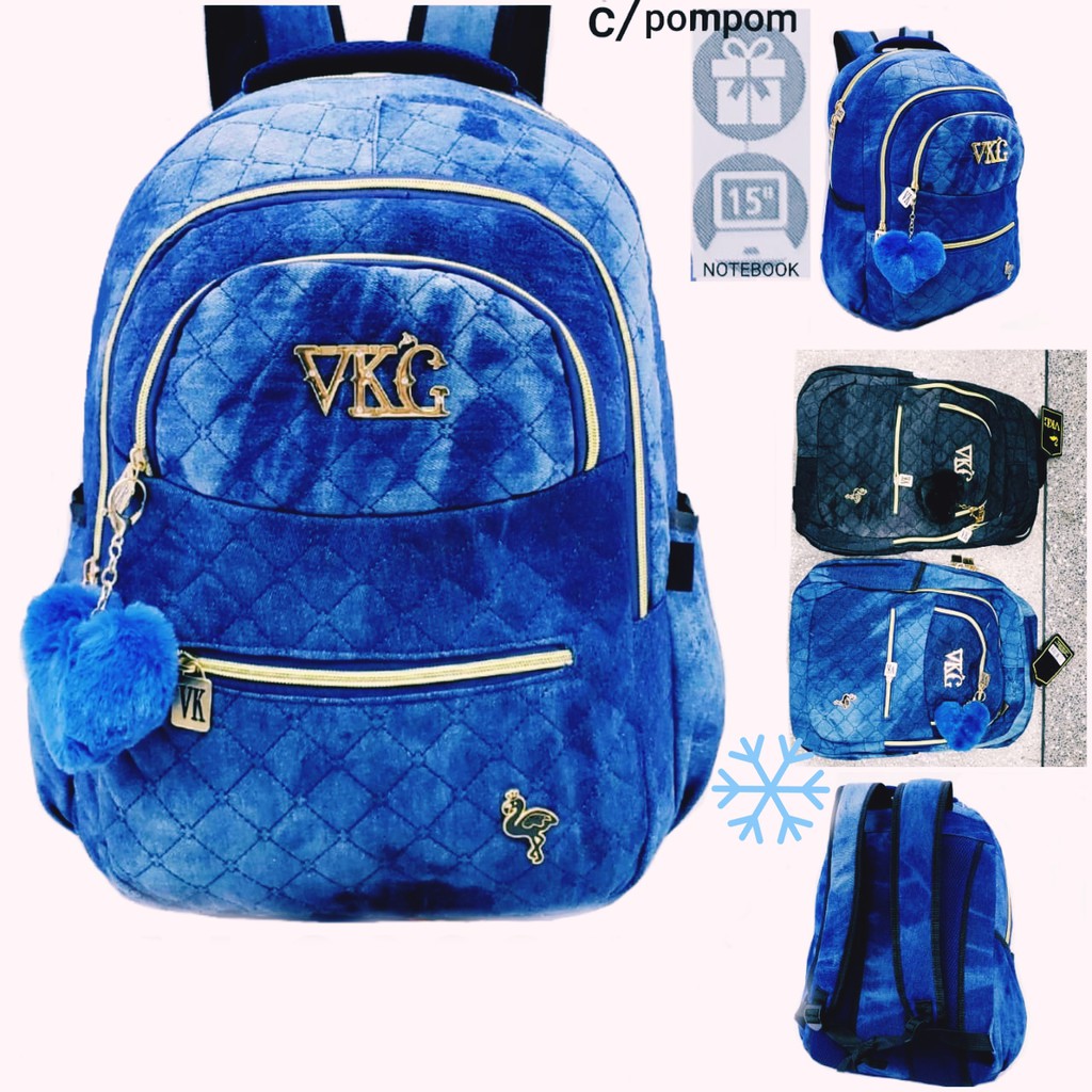 Mochila jeans 2024 com pompom