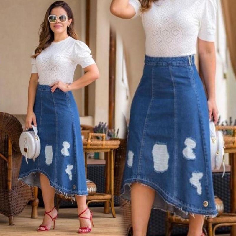 Saia Feminina Jeans Botões Moda Evangélica Detalhes Na Barra