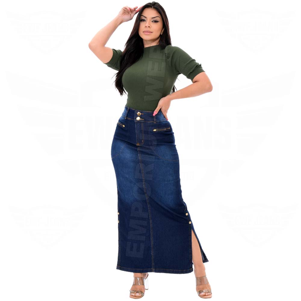 Saia jeans longa aberta best sale na frente