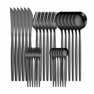 Conjunto De Talheres Ocidentais De Mesa De 30 Peças Aço Inoxidável Colher De Garfo Preto