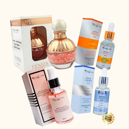 Kit Sérum Cuidados Da Pele Geleia Real Seruns Max Love Rosa Mosqueta Vitamina C e Clareador