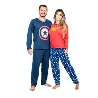 2 Pijamas Inverno Longo Adulto Casal Super Herói CAPITÃO AMÉRICA MULHER MARAVILHA