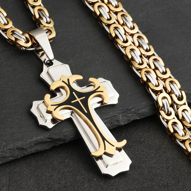 Colar Masculino De Corrente Com Pingente De Cruz De Aço Inoxidável Byzanteine/Ouro/Prata De 22 Polegadas-30