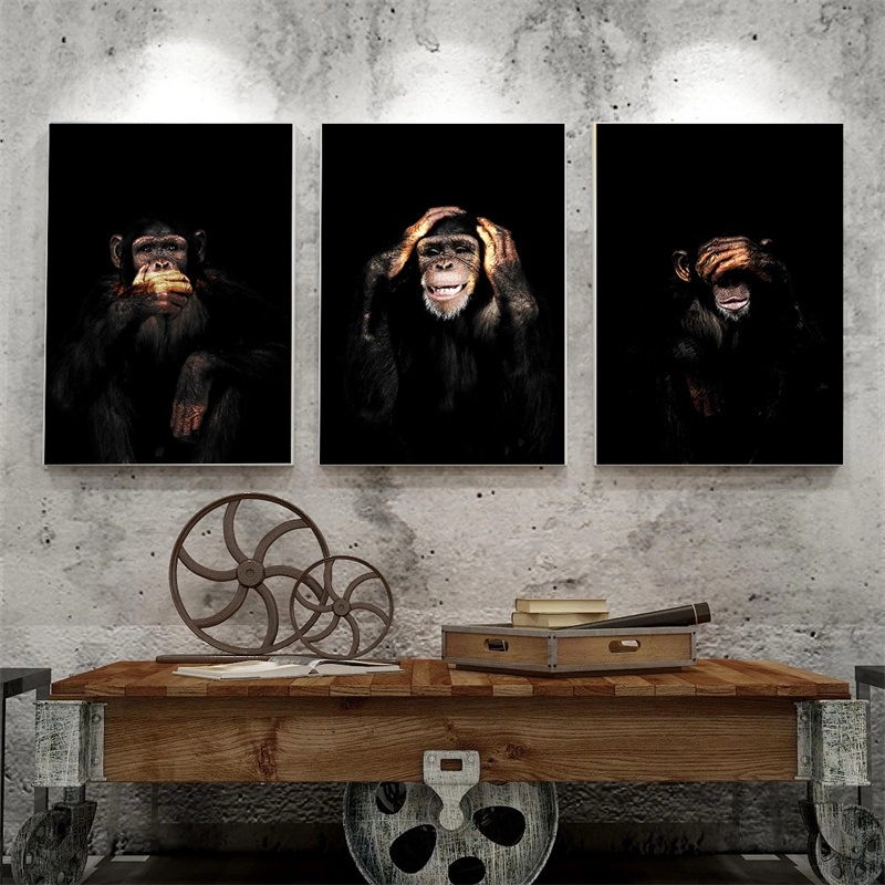 Quadros Decorativos - 3 Telas - Macacos Engraçados - 70x40cm