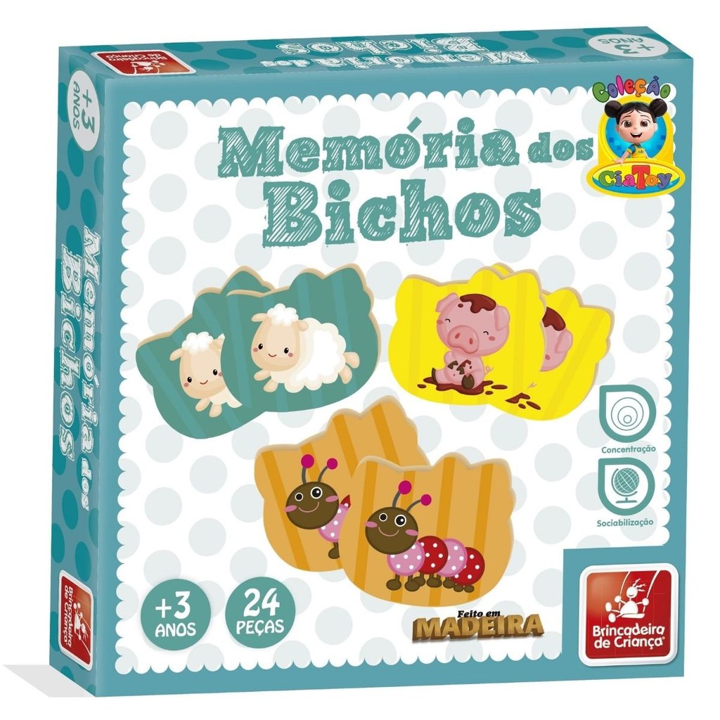 Jogo da Memória Animais 24 peças em MDF Brinquedo Educativo e Pedagógico  Jogo Memória para crianças Memória Bichos Jogo