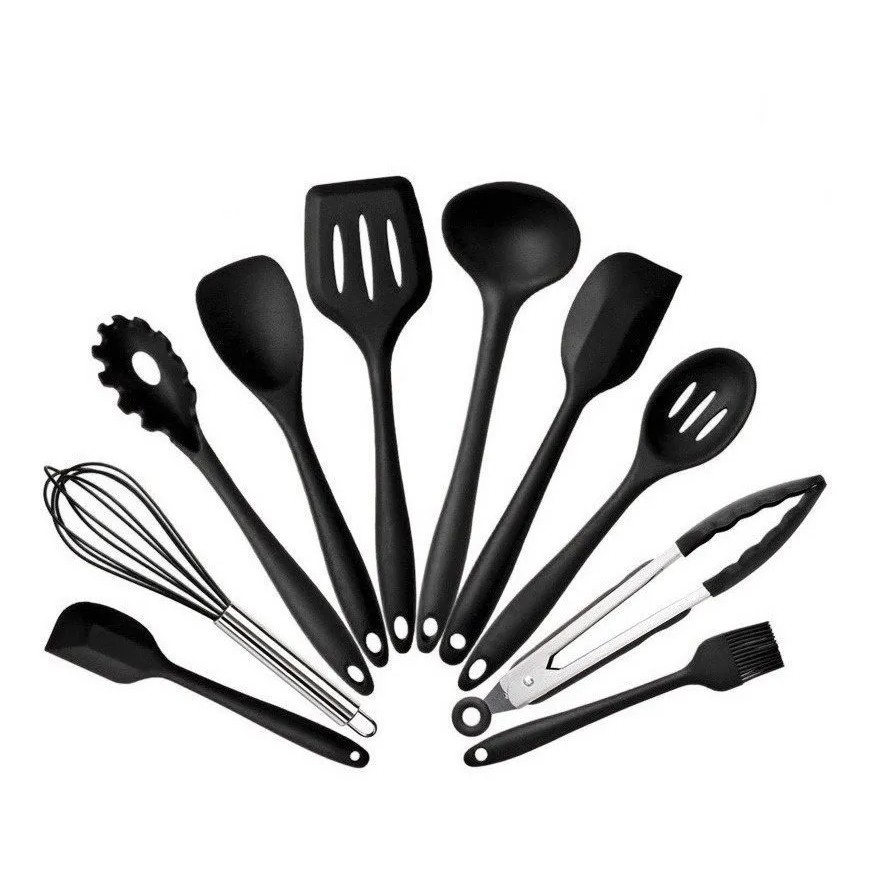 Jogo 10 Colheres De Silicone Cabo Inox Utensílios Cozinha - Preto.