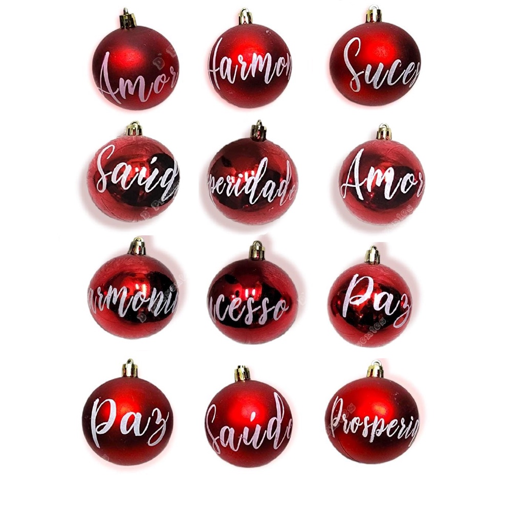 Kit 12 Bolas De Natal Vermelho Com Frase Decorativo Arvore