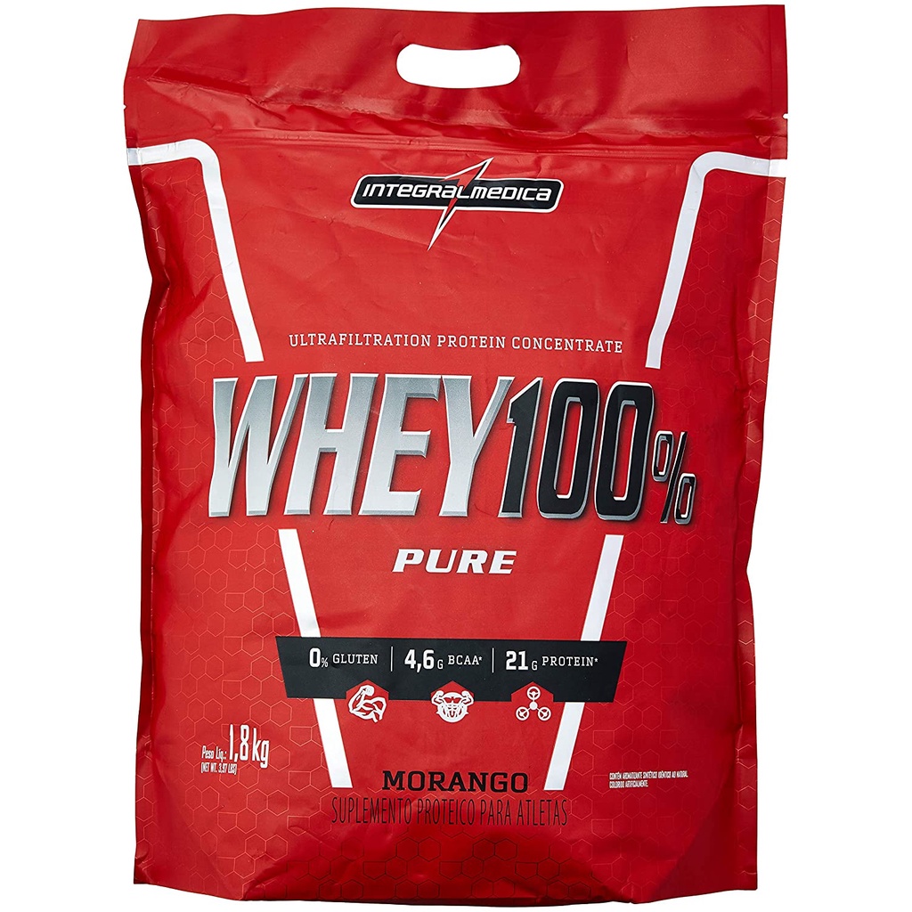 Whey 100% Pure Pouch 1.8Kg Morango, Integralmedica, 1.8Kg