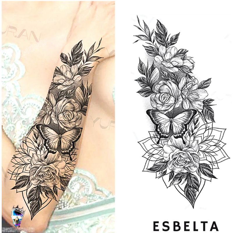 Tatuagem Temporária Feminina Fake Flor E Borboleta