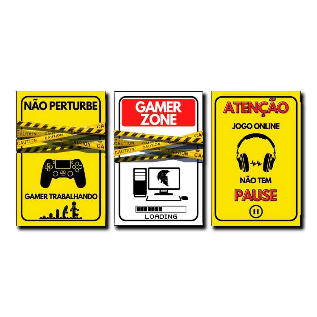 Kit Quadros Decorativos Mosaico 3 Peças Trio Quarto Gamer Zone Jogo Online Sem Pausa Frase Não Pertube Controle Console minimalista Abstrato Modular
