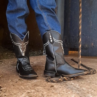 Bota Texana Preta Boi Bordado Bico Quadrado Rodeo Country Couro
