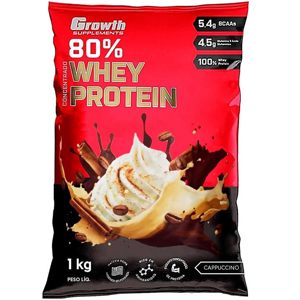 Whey Protein Cappuccino 80% Proteína Concentrado 1Kg Growth Suplementos Original