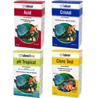 Combo Produtos de testar e tratar água de aquário Labcon: Teste de Cloro, Teste de PH, Acid (correção PH) e Cristal